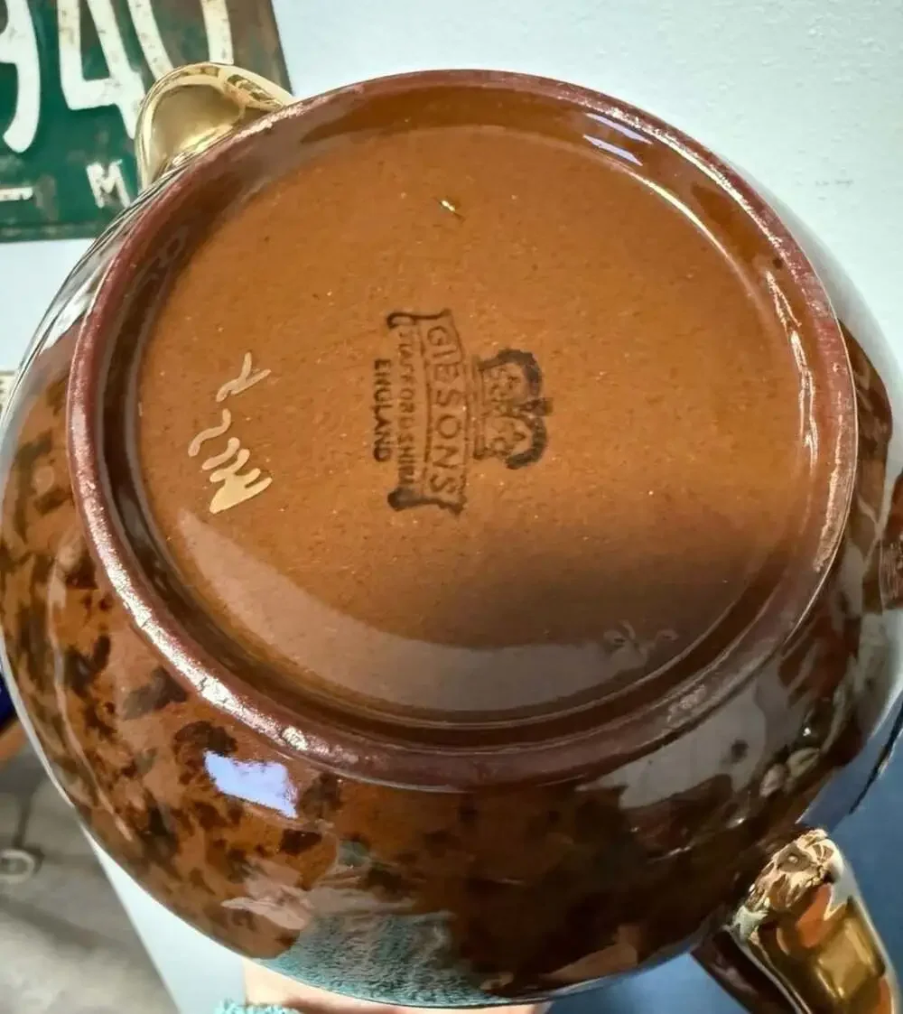 Gibsons Staffordshire England Vintage Ceramic Teapot Brown Gold Relief
